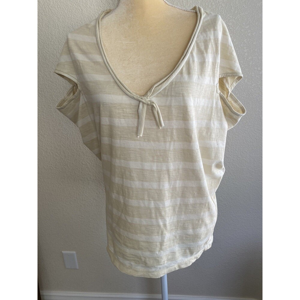 Max Studio Tan/cream Cotton Striped V Neck Oversized T Shirt SZ XS